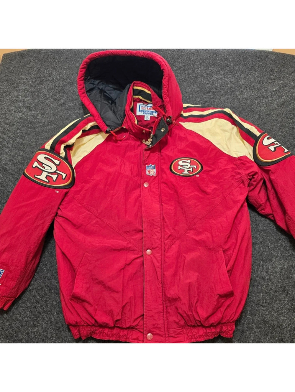 Vintage 90s Starter 49ers Puffer Jacket XL Hooded NFL Pro Line San Francisco
